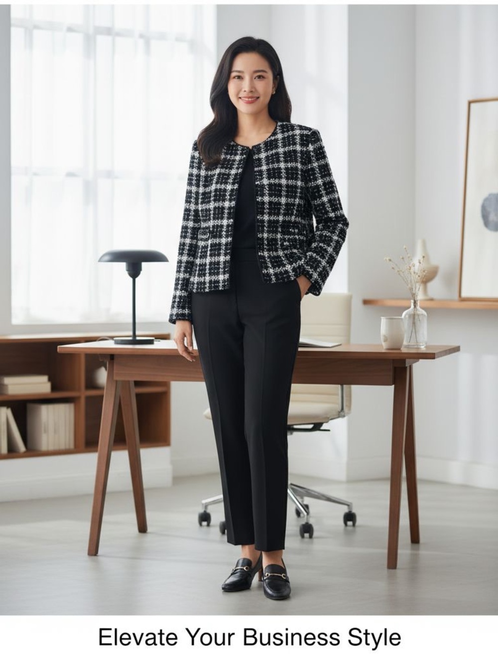 Jones New York Black Pants with Black & White Tweed Jacket